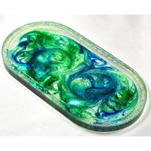 Handmade Resin Oval Trinket Tray Clear Green Blue Mermaid Swirl Glitter Dish